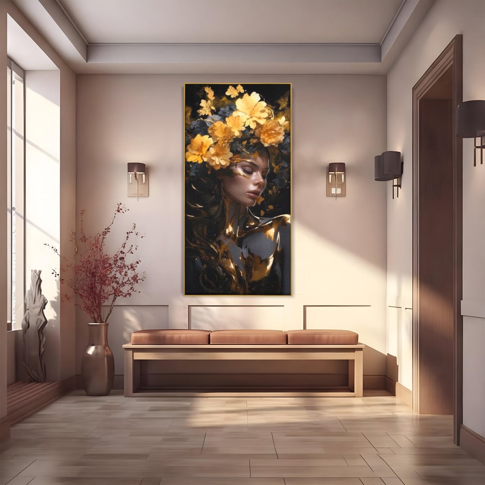 Tablou canvas cu tablou canvas cu portret de femeie aurita, in rama de aluminiu auriu